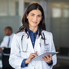 a female doctor in a lab coat holding a tablet and smiling at the camera